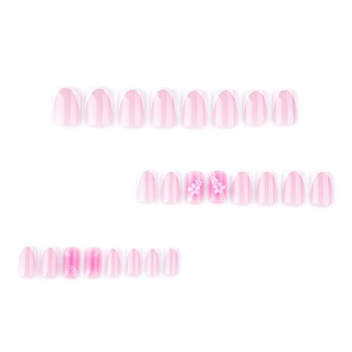 Pink Flower Press on Nails Medium Square Fake Nails White French Tip Acrylic False Nails with Spring Floral Designs Glue on Nail Glossy Artificial Nails Full Cover Stick on Nail for Women 24Pcs - color: style 33