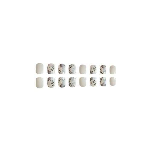 RTKHFZE Press on Nails Medium Square Fake Nails with Flower Leaf Designs White Acrylic Nails Green Full Cover Glue on Nails Glossy Artificial Nails Summer Stick on Nail for Women 24Pcs - color: JB241