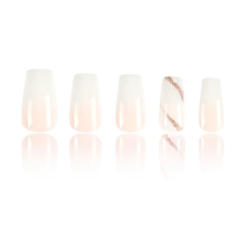 24Pcs Coffin Press on Nails Short Fake Nails with Glitter Lines Gradient Full Cover Designs Nails Press ons White Glue on Nails Reusable False Nails Simple Stick on Nails for Women - color: white