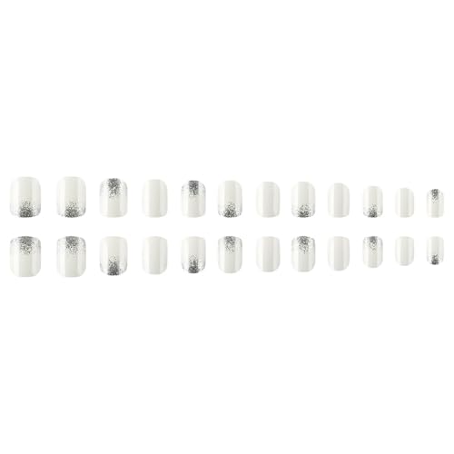 Short Press On Nails Square Fake Nails With Silver Glitter Design Acrylic Glue On Nails Glossy Cream White False Nails Press Ons Reusable Stick On Nails For Women - color: short square nails-5