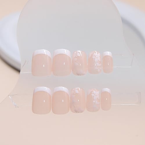 RTKHFZE Press on Nails French Tip Short Fake Nails Square Acrylic Nails with Cute Flower Designs Artificial Pink False Nails Stick on Nail for Women Manicure 24Pcs - color: R846