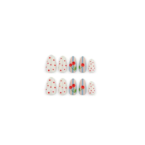 Almond Press on Nails Medium Fake Nails with Polka Dots Cherry Striped Design Reusable Glossy Full Cover Cute Stick on Nails for Women Manicure 30Pcs - color: style-33
