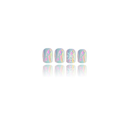 24Pcs Press on Nails Short Square Fake Nails Chrome Snowflake Designs - color: 24
