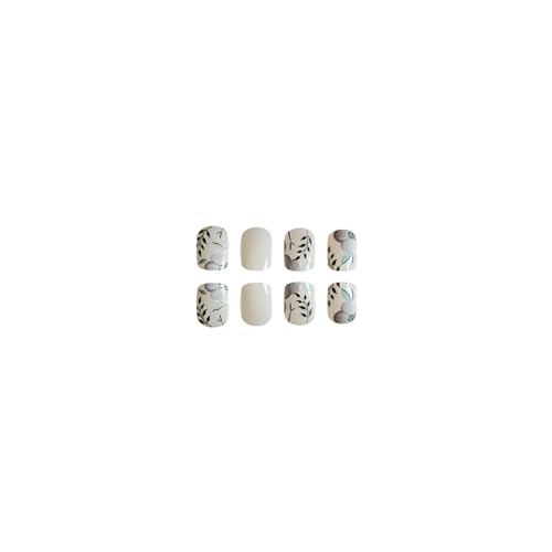 RTKHFZE Press on Nails Medium Square Fake Nails with Flower Leaf Designs White Acrylic Nails Green Full Cover Glue on Nails Glossy Artificial Nails Summer Stick on Nail for Women 24Pcs - color: JB241