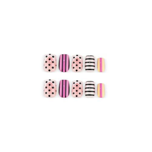 Press on Nails Short Square Polka Dot Black Pink Stripe Design - color: Black White Pink -23