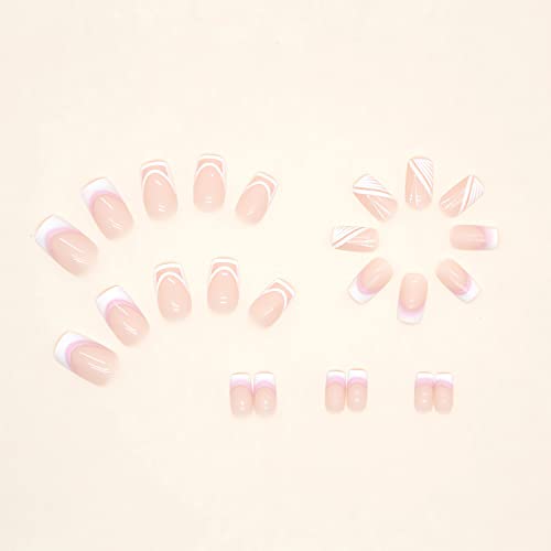 French Tip Press on Nails Medium Square Fake Nails Sweet White Nail Tips Designs Full Cover Square Shape False Nails Nude Acrylic Glue on Nails Medium Length for Women Girls, 24PCS - color: Style1