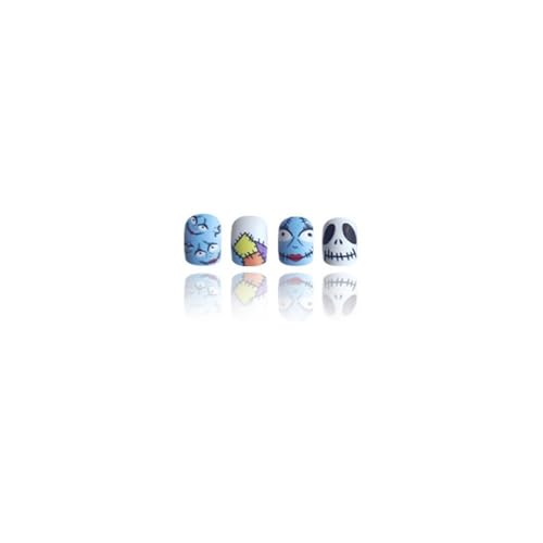Halloween Press on Nails Short Square Fake Nails Skull False Nails Designs Blue White Glossy Acrylic Nail Tips Stripe Full Cover Glue on Nails DIY Halloween Nails for Woman Nail Art Manicure 24 Pcs - color: Style 14