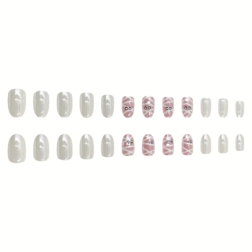 Halloween Press on Nails Short Oval Nails Press on Mummy False Nails - color: Halloween26-Nude-3