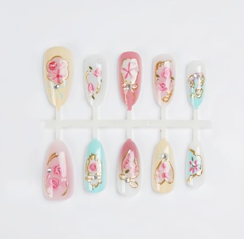 30Pcs Pink Press on Nails Medium Almond Fake Nails with 3D Flower Rhinestone Bow Design Rose Tulip Gold Gilding False Nail Pink Flower Full Cover Acrylic Nail Glossy Cute Floral Glue on Nail for Women - color: rose diamond bow