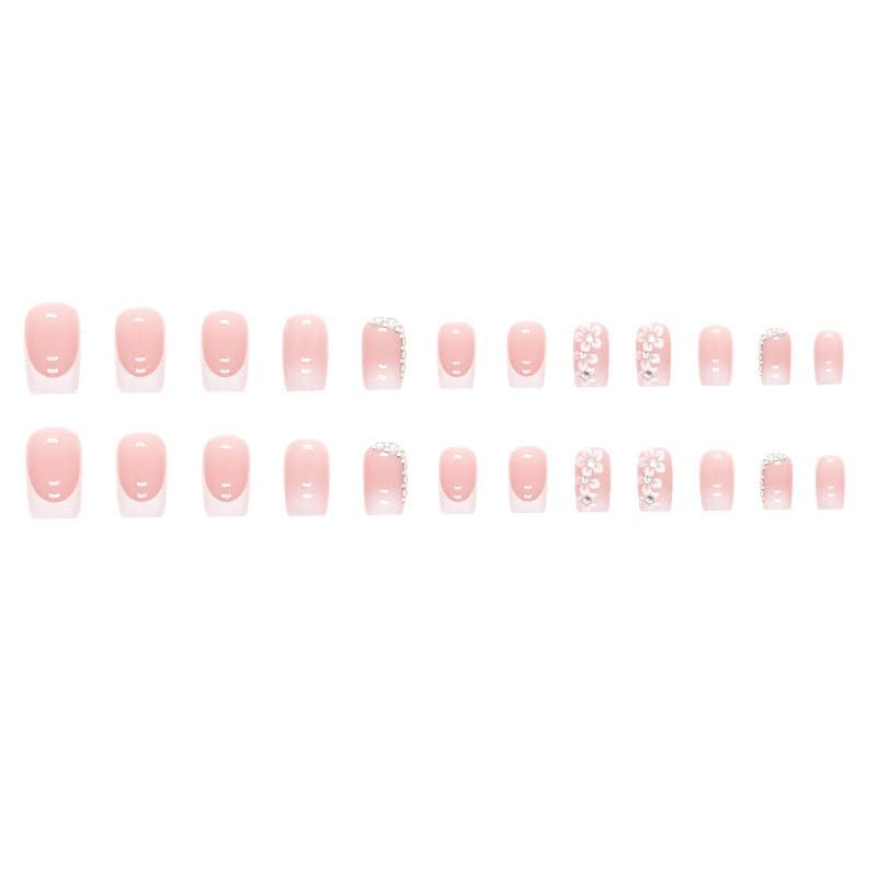24Pcs Medium Square Fake Nails French Tip Press on Nails, Glossy Glue on Nail Full Cover False Nails with Rhinestones & Flowers Designs Medium White Nail Tips Pink Acrylic Nails for Women Girls - color: Pink Flowers