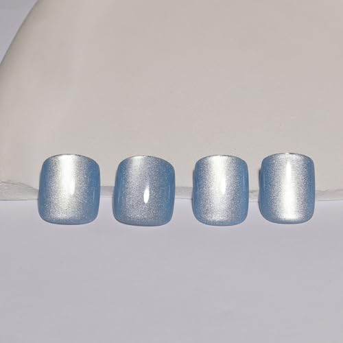 Light Blue Press On Nails Square – Short Cat Eye Fake Nails 30PCS - color: M02-Aurora Mist