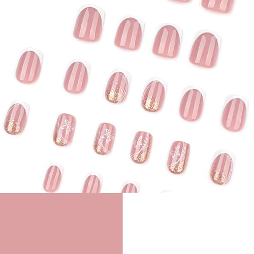 Press On Nails, Nude Pink, Short Square, 24PCS - color: 0118-Nude Butterfly White Edging