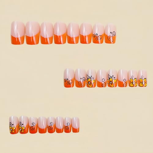 24pcs Orange French Tip Press on Nail Medium Length Square Fake Nails with designs Stick on Nail Glossy Full Cover False Nails Reusable Glue on Nails for Women Summer Manicure - color: s38