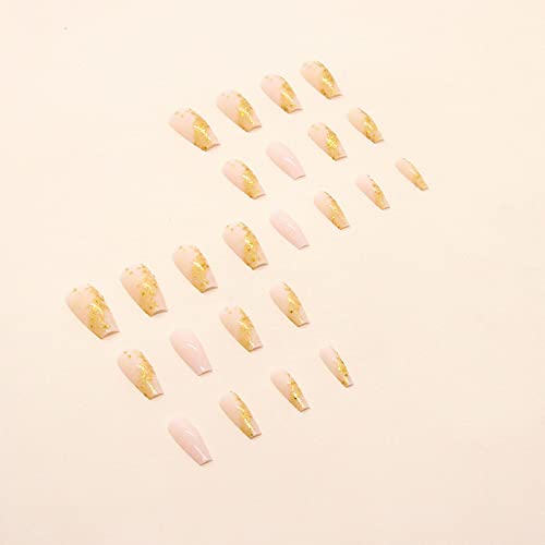 MISUD Press on Nails - Long Coffin Glue on Nails with Bling Gold Glitter, Acrylic Nude Pink Design 24 pcs - color: 019A06-02Gold