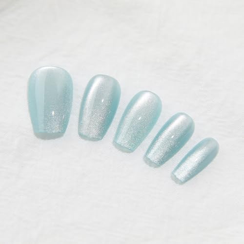 Light Blue Press On Nails Medium, Cat Eye Coffin Press On Nails with Crystal Glow Design, Fashion Gel Fake Nails, Reusable Coffin Fake Nails, Stick On Nails for Women, Crystal Frost - color: C5-Crystal Frost