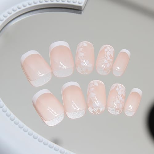 RTKHFZE Press on Nails French Tip Short Fake Nails Square Acrylic Nails with Cute Flower Designs Artificial Pink False Nails Stick on Nail for Women Manicure 24Pcs - color: R846