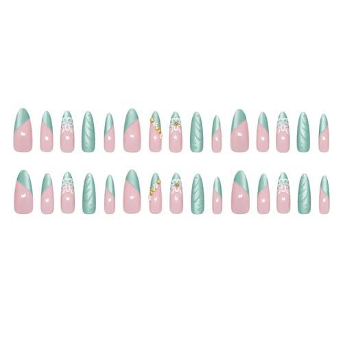 RUOKEXIN Long Stiletto Press on Nails French Tip Fake Nails Green Cat Eye False Nails with 3D Flower Shell Designs Almond Nail Press ons Sparkly Artificial Nails for Women 24Pcs - color: Almond Style 11-12