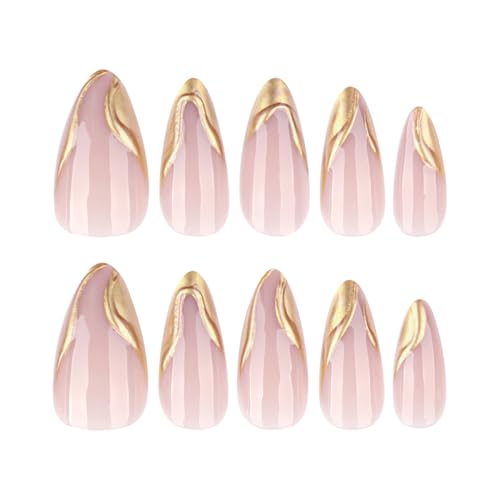 Gold Press on Nails - Medium Almond Fake Nails - color: Color-22