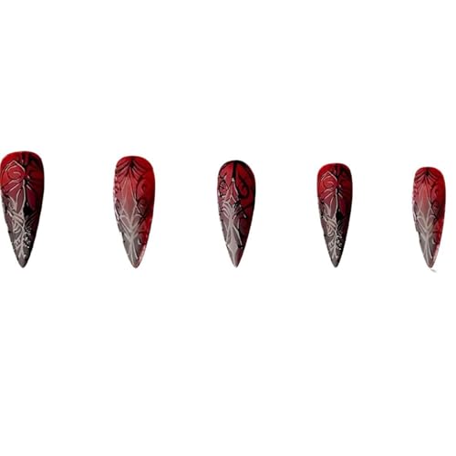 Halloween Press on Nails Medium Stiletto Almond Nails Press ons Black Red Fake Nails Full Cover Glossy Stick on Nail 3D Terror Stripe with Designs Glue on False Nail for Women 24Pcs - color: Black Red-5