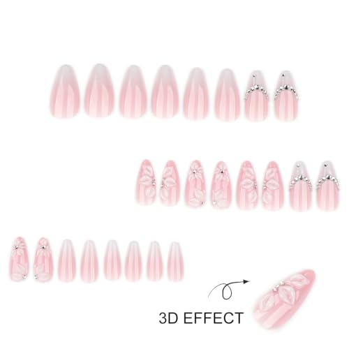 White Press on Nails - Medium Almond, 3D Handmade Floral, Rhinestone - color: Color-32