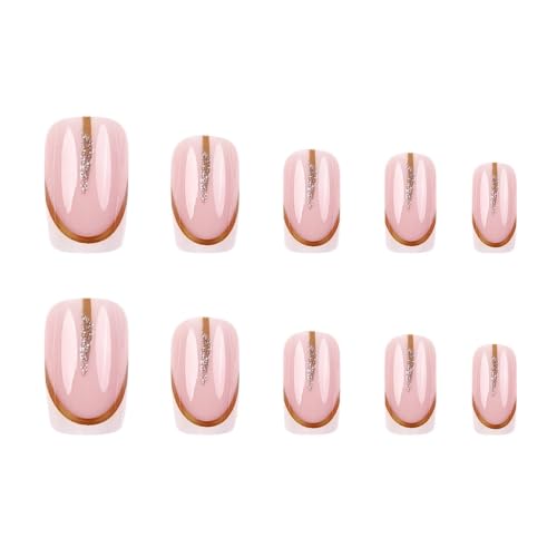 White French Tip Press on Nails Square Medium Fake Nails with Glitter Line Designs Pink Nails Press ons Glossy Glue on Nails Acrylic False Nails Artificial Stick on Nails for Women 24Pcs - color: Glitter Line Designs