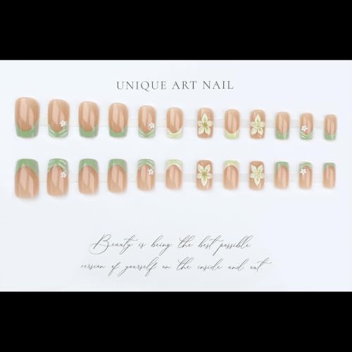 Green French Tip Press on Nails Medium Square 3D Floral Water Ripple Design - color: Green White