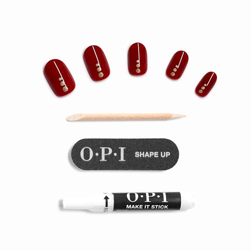 OPI On Point Press On Nails | Instant Mani | 24 Count With Nail Glue - color: Big Candy Apple Red | Bright Red with Gold Glitter Nail Art, style: Short Round
