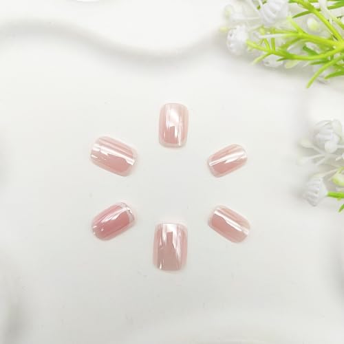 24Pcs French Tip Press on Nails Short Square Fake Nails with Chrome Designs - color: 33