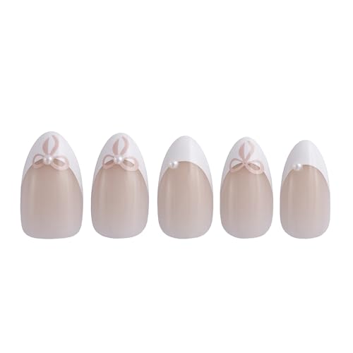PaintLab Belle Bows 3D Pearl French Tip Press On Nails, Short Almond, 30pc - color: Belle Bows