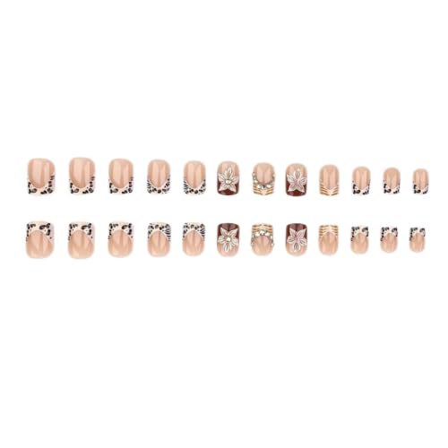 French Tip Press on Nails Short Square Leopard Flower Design - color: Brown Black Gold Pink