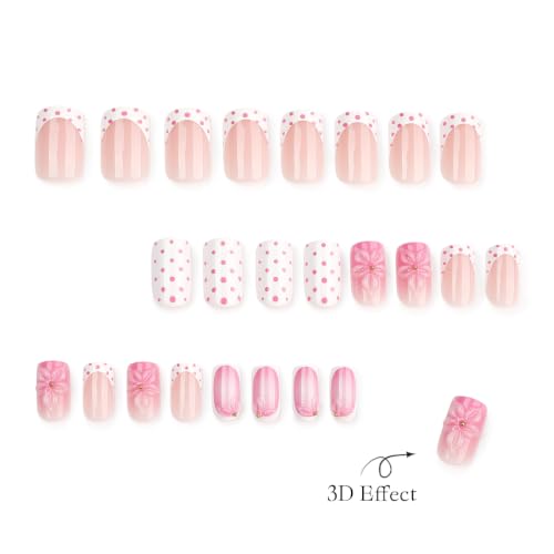 Flower Press on Nails Medium Sqaure with Spot Fench Tip Design - color: Pink White