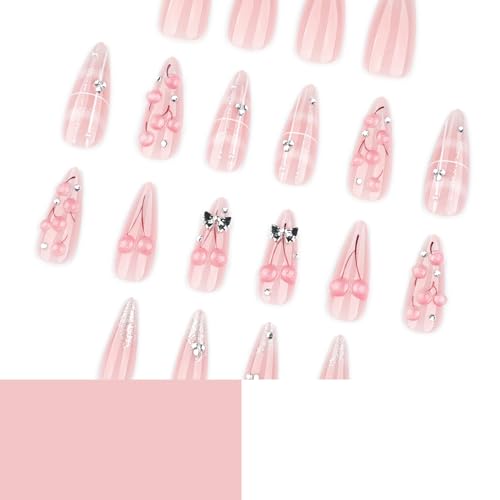 Almond Press On Nails Medium Long Fake Nails Press Ons With 3D Cherry Rhinestone Design Acrylic Nails Silver Bow False Nails Pink Glossy Glue On Nails For Women - color: Design-10