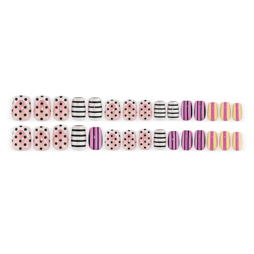Press on Nails Short Square Polka Dot Black Pink Stripe Design - color: Black White Pink -23