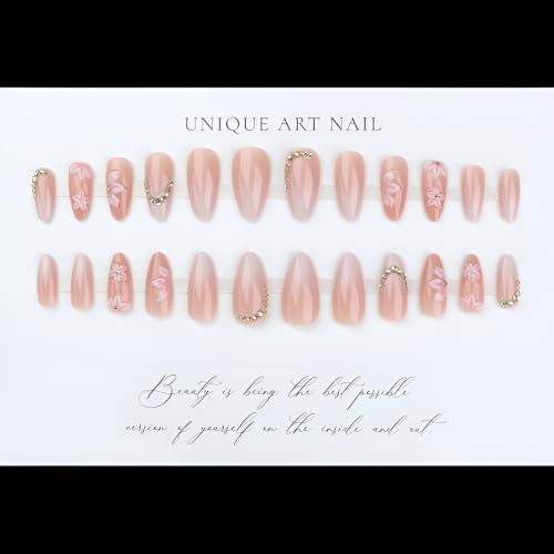 Flower Press on Nails Medium Almond Fake Nails Gradient Nails Press Ons - color: Pink Flower 6