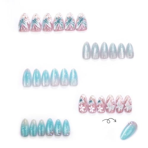 Glitter Press On Nails Medium Almond Fake Nails Press Ons With Butterfly Design Light Blue Acrylic Nails White Flower Pearl False Nails Glue On Nails For Women - color: Design-20