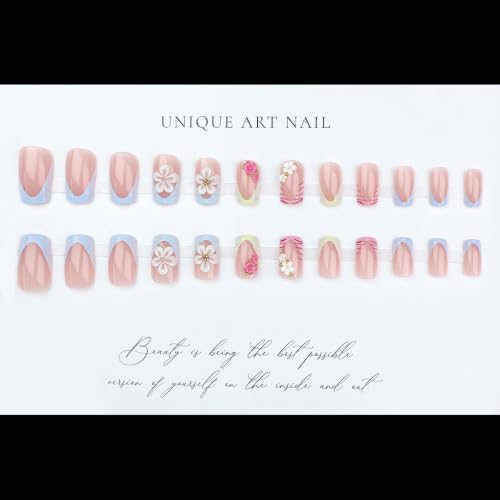 French Tip Press on Nails Medium Square 3D Floral Spot Design - color: Pink White Red Blue