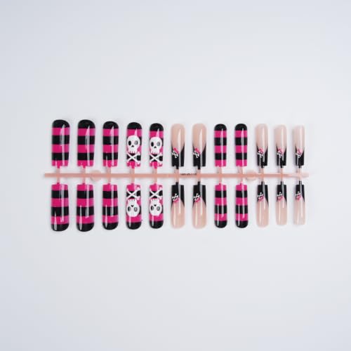 Halloween Long Square Press on Nails Coffin Pink Black Stripe 24Pcs - color: Halloween 2
