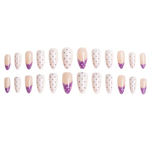 Medium Almond Press On Nails Purple French Tip Fake Nails Polka Dots Nails - color: BD-White Purple-8