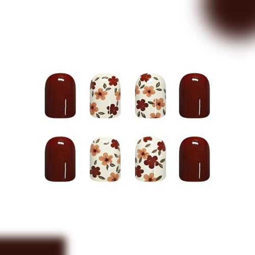 24Pcs Fall press on nails short square fake nails with brown flowers design - color: fallnails11
