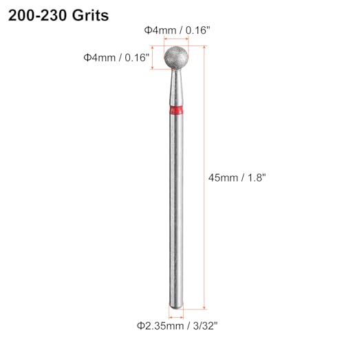 HARFINGTON 10pcs 200-230 Grits Diamond Grinding Bit 4mm Ball Head 2.35mm Shank 4mm Length Stone Sanding Drill Bits Rotary Tool for Ceramic Glass Nails Grinding Polishing - color: Red, size: 4mm