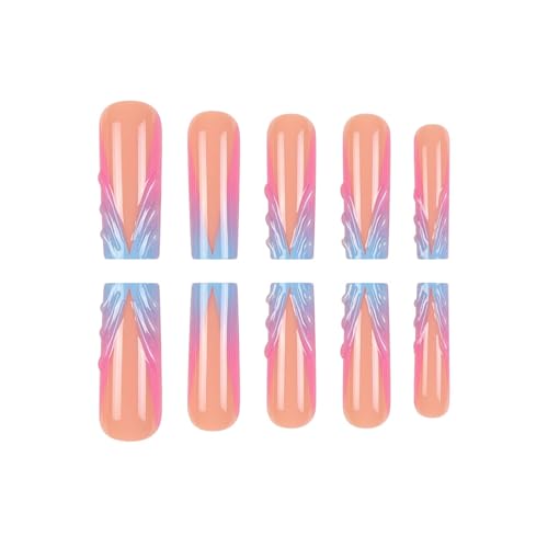 RUOKEXIN French Tip Press on Nails Square Fake Nails Blue Pink Ombre False Nails with 3D Designs Long Nail Press ons Sparkly Artificial Nails Cute Stick on Nails for Women 24Pcs - color: Long Style-C7C22