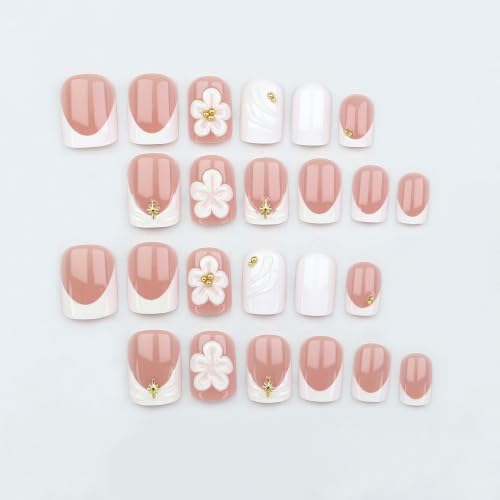 French Tip Press on Nails Square Short 3D Flower Water Ripple Design - color: Gold White