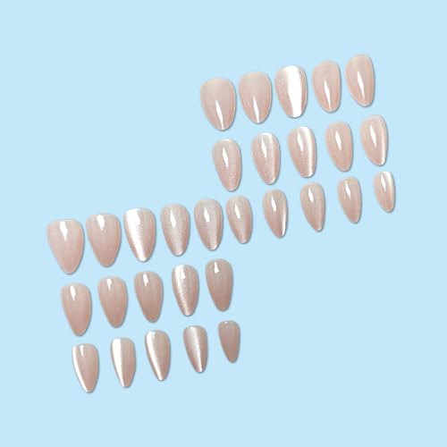 Cat Eye Nails Press ons Short Press on Nails Almond Fake Nails with Glitter Deisgn Nude Pink False Nail Full Cover Glossy Acrylic Glue on Nails Stick on Nail for Women 30Pcs - color: Q6