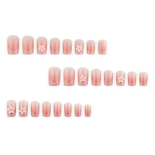 Pink French Tip Press on Nails Medium Square Flower Design - color: Solid Pink White