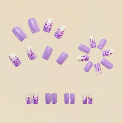 24pcs Purple Press on Nails Medium Length Square Fake Nails with Lavender designs Spring Stick on Nail Full Cover False Nails Acrylic Reusable Glue on Nails for Women Summer Manicure - color: s35