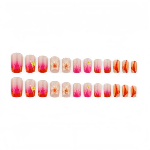 Press on nails Medium Square Flower&Water Ripple Design - color: Orange Pink Yellow
