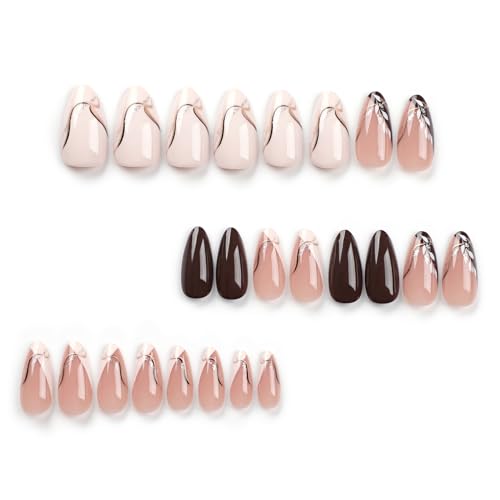 MISUD Press on Nails - Medium Almond Glue on Nails with Fall Brown, Acrylic Autumn Leaf Design 24 pcs - color: 11214Brown