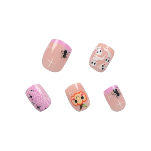 Halloween Pink Press on Nails Short Square Fake Nails Cute Little Ghost Pumpkin Designs False Nails Glossy Halloween Spider Web Bats Acrylic Nails Full Cover Stick on Nails for Women Manicure Decor - color: Style 12