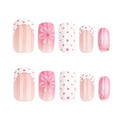 Flower Press on Nails Medium Sqaure with Spot Fench Tip Design - color: Pink White