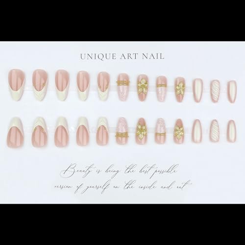 Press On Nails Medium Almond Fake Nails Shite Lace With Gold Flower Design False Acrylic Nails Gold Pearl Nail Press Ons Glossy French Reusable Glue On Nails For Women - color: Design-21